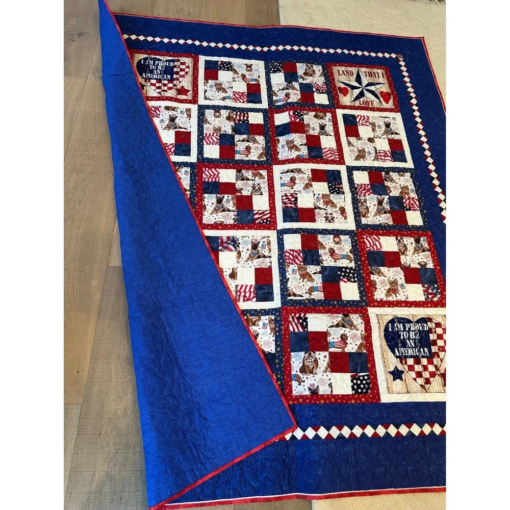 Patriotic American Dog Quilt‎ Red White Blue Stars Stripes 78x66 Throw Blanket